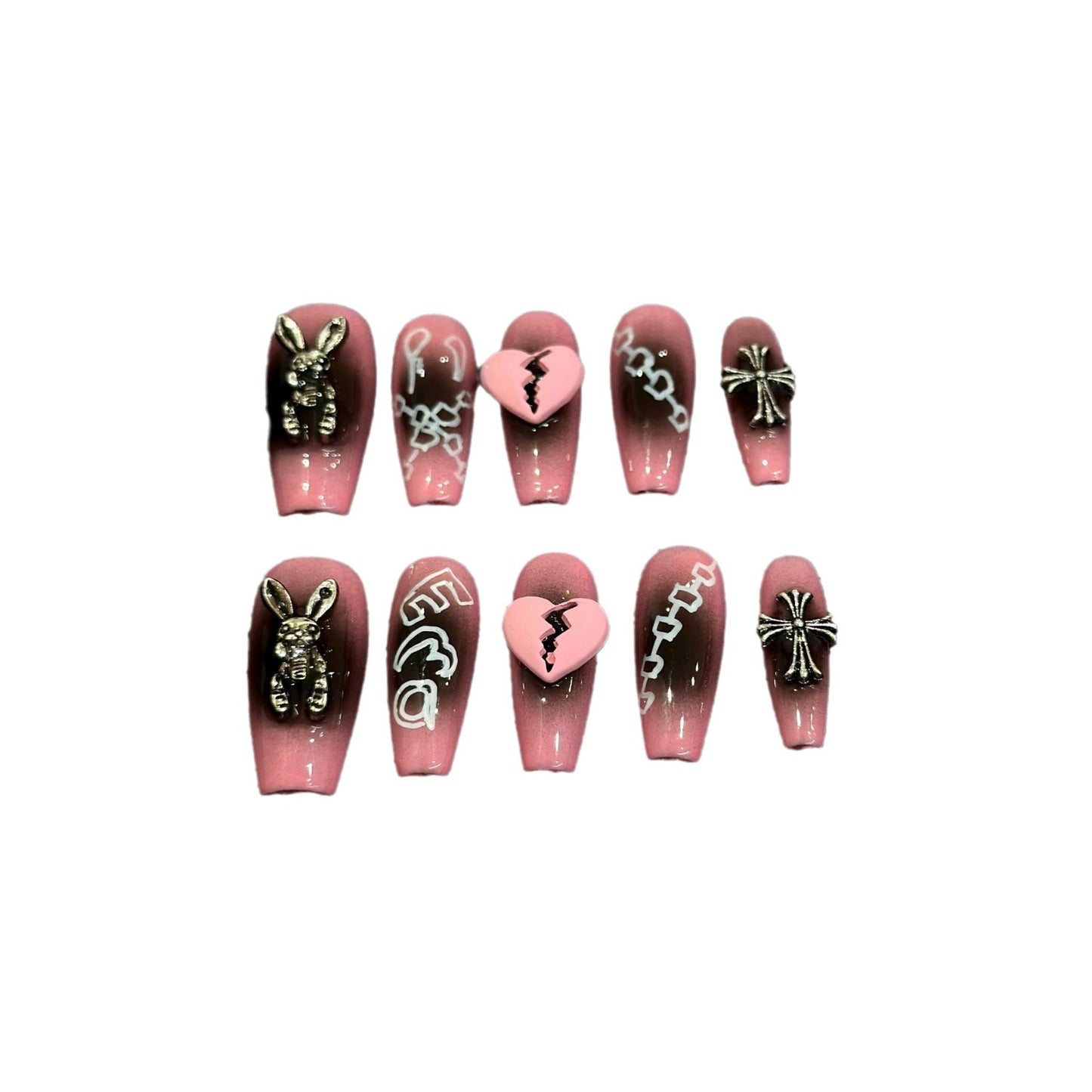 Y2K Emo Press On Nails Black Pink Ombre – 3D Broken Heart Bunny Cross Charms Grunge Gothic Alt Nail Set 211