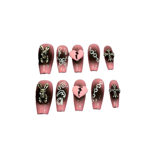 Y2K Emo Press On Nails Black Pink Ombre – 3D Broken Heart Bunny Cross Charms Grunge Gothic Alt Nail Set 211
