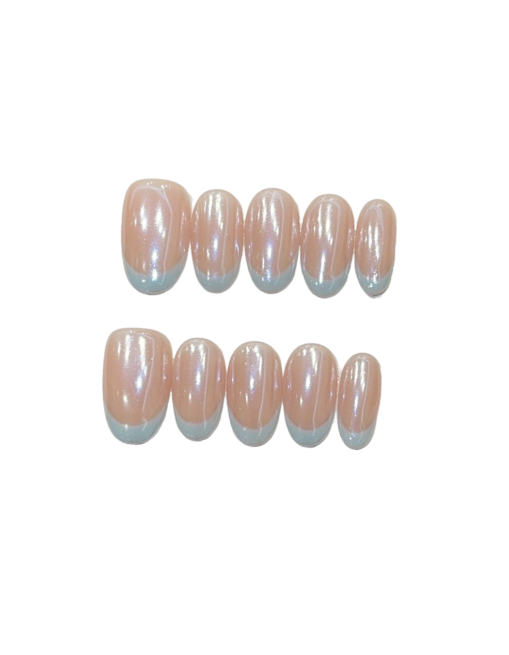 Pink Aurora French Press-On Nails – Sheer Jelly Oval Nails | Mint Blue French Tip Reusable Minimal Luxury Nail Set 278