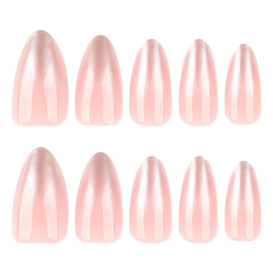 Bare Pink Cat Eye Press On Nails – Medium Almond Magnetic Glossy Reusable Acrylic Nails 153