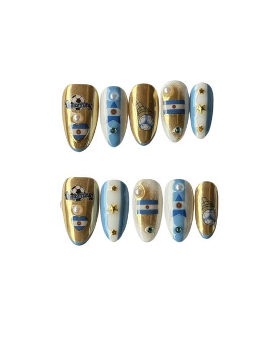 Blue & White Football Fan Press-On Nails – Soccer-Inspired Nail Art with Sun Emblem, Gold Stars & Almond Shape Reusable Nail Set 236