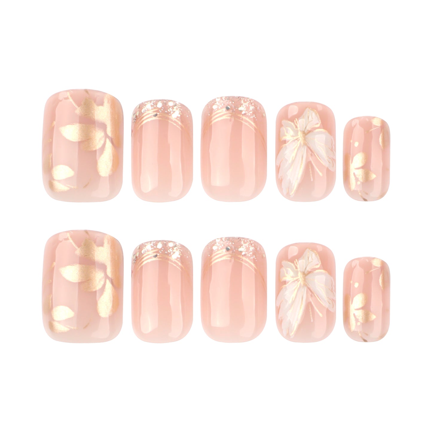 Nude Pink Press On Nails – Short Squoval Gold Butterfly Design Glossy Reusable Acrylic Nails 154