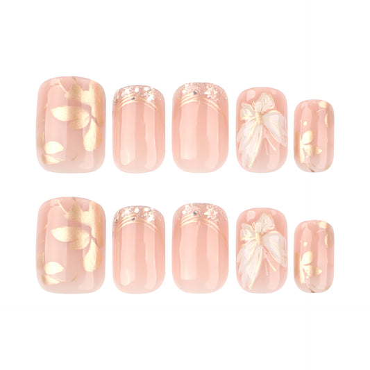 Nude Pink Press On Nails – Short Squoval Gold Butterfly Design Glossy Reusable Acrylic Nails 154