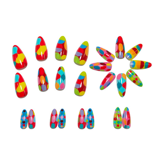 Bright Colors Dot Press-On Nails Almond Shape Reusable Glue On Fake Nails Colorful Summer Set 28
