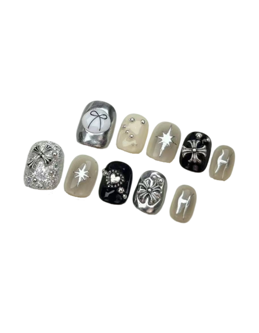 Edgy Color Block Press On Nails – Short Squoval Black, White & Silver Nails with Metal Studs 192