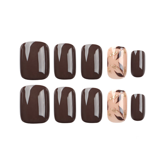 Brown Press On Nails with Leaf Design Nude Accent Glossy Short Squoval Shape Minimal Botanical Style Reusable Full Cover False Nails Kit Elegant Everyday Nails 105