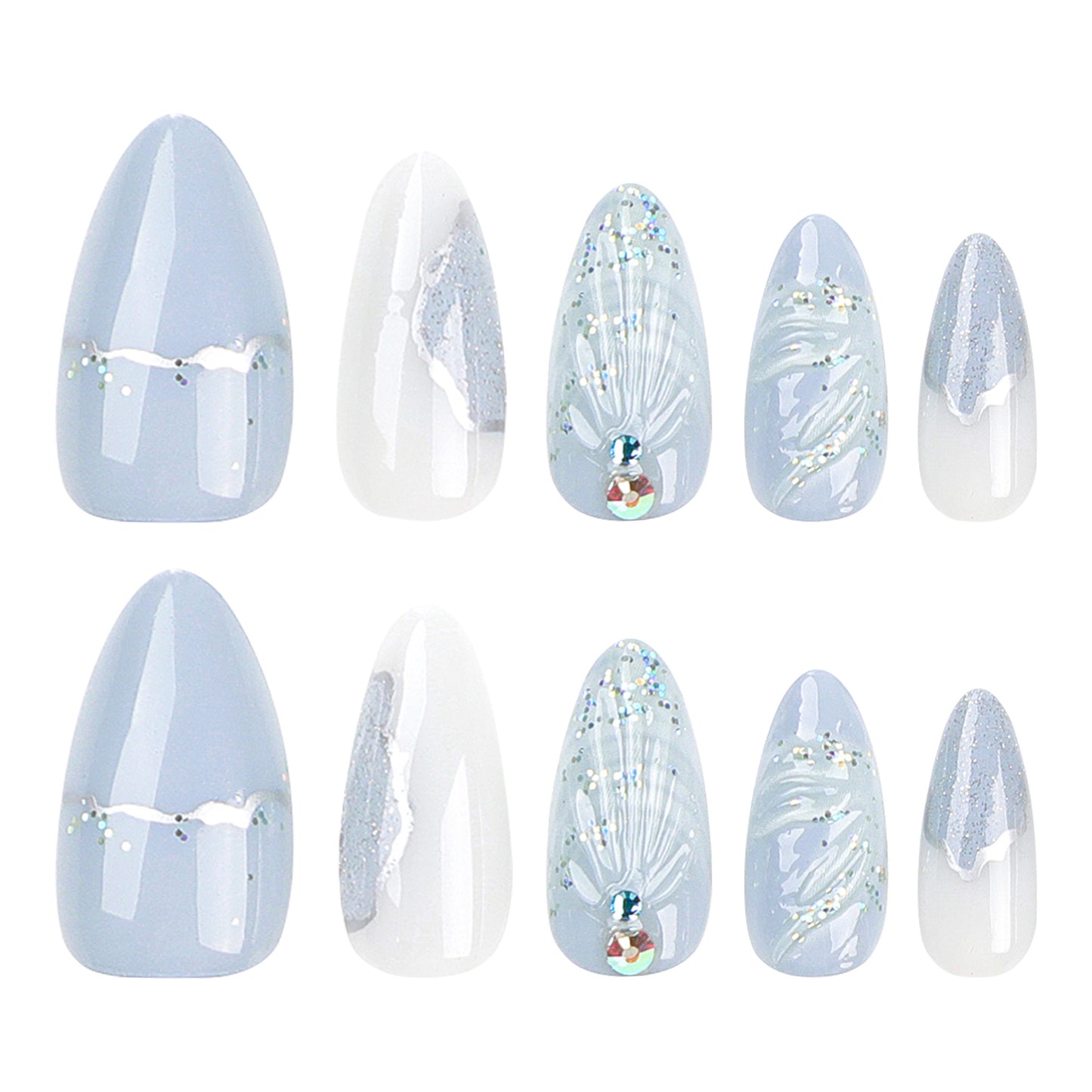Press On Nails Blue Mermaid Tail Ocean Nails 3D Wave Rhinestone Glitter Almond Glossy Fake Nails Reusable Full Cover Stick On Nails Aesthetic Nails for Women Summer Beach Vacation 83