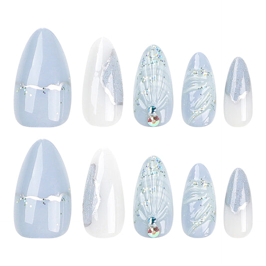 Press On Nails Blue Mermaid Tail Ocean Nails 3D Wave Rhinestone Glitter Almond Glossy Fake Nails Reusable Full Cover Stick On Nails Aesthetic Nails for Women Summer Beach Vacation 83