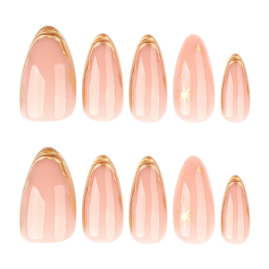 Nude Pink Press-On Nails Almond Gold French Tip Star Design Reusable Glue On Fake Nails Elegant Set 45