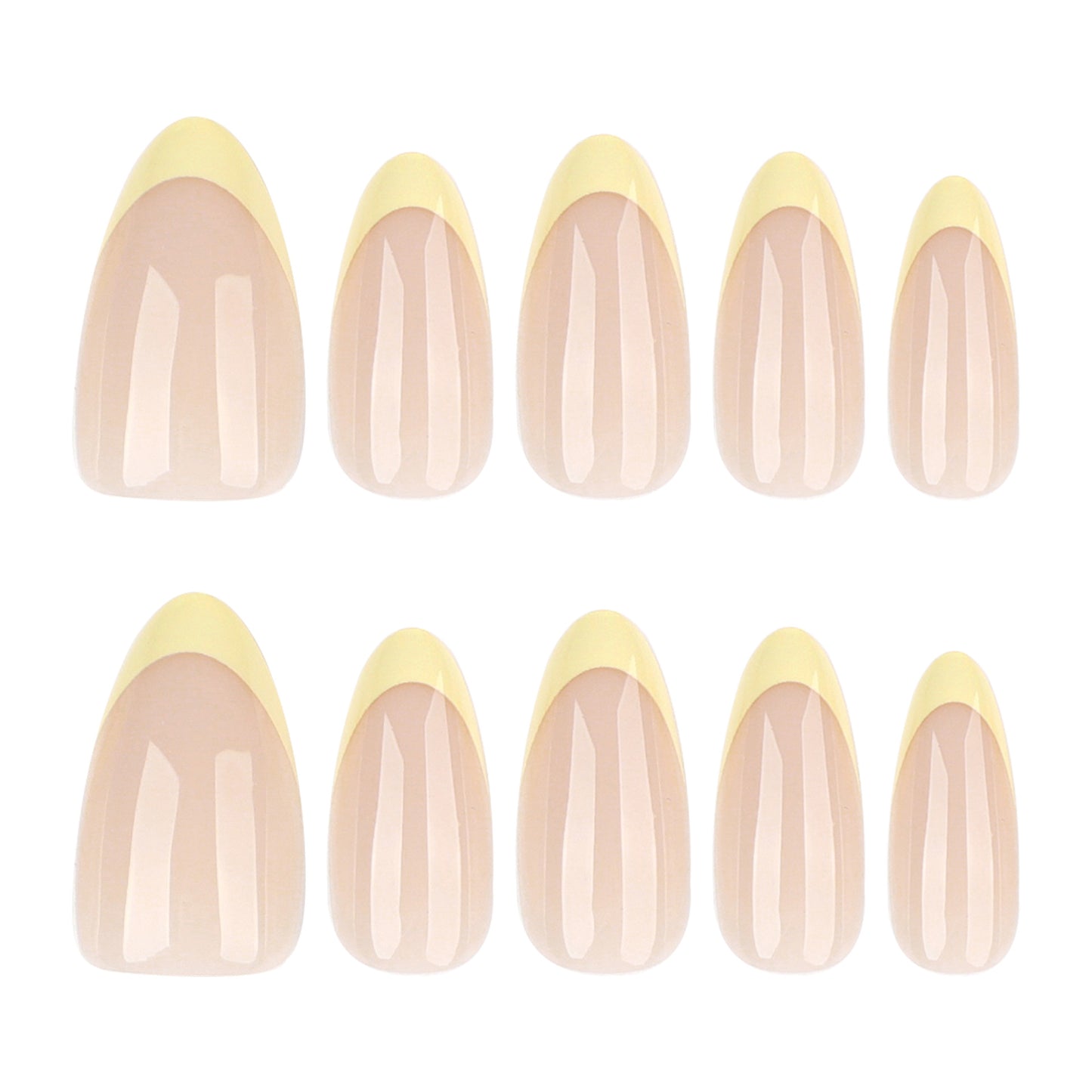 Sheer Nude Press-On Nails with Butter Yellow French Tips, Almond Shape, Minimal Luxury Summer Nails, Glossy Finish, Reusable Stick-On Manicure, Everyday Chic Gel Look 94
