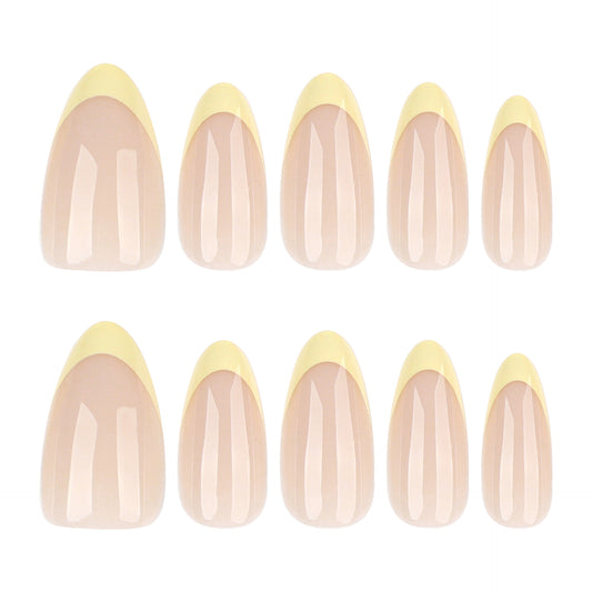 Sheer Nude Press-On Nails with Butter Yellow French Tips, Almond Shape, Minimal Luxury Summer Nails, Glossy Finish, Reusable Stick-On Manicure, Everyday Chic Gel Look 94