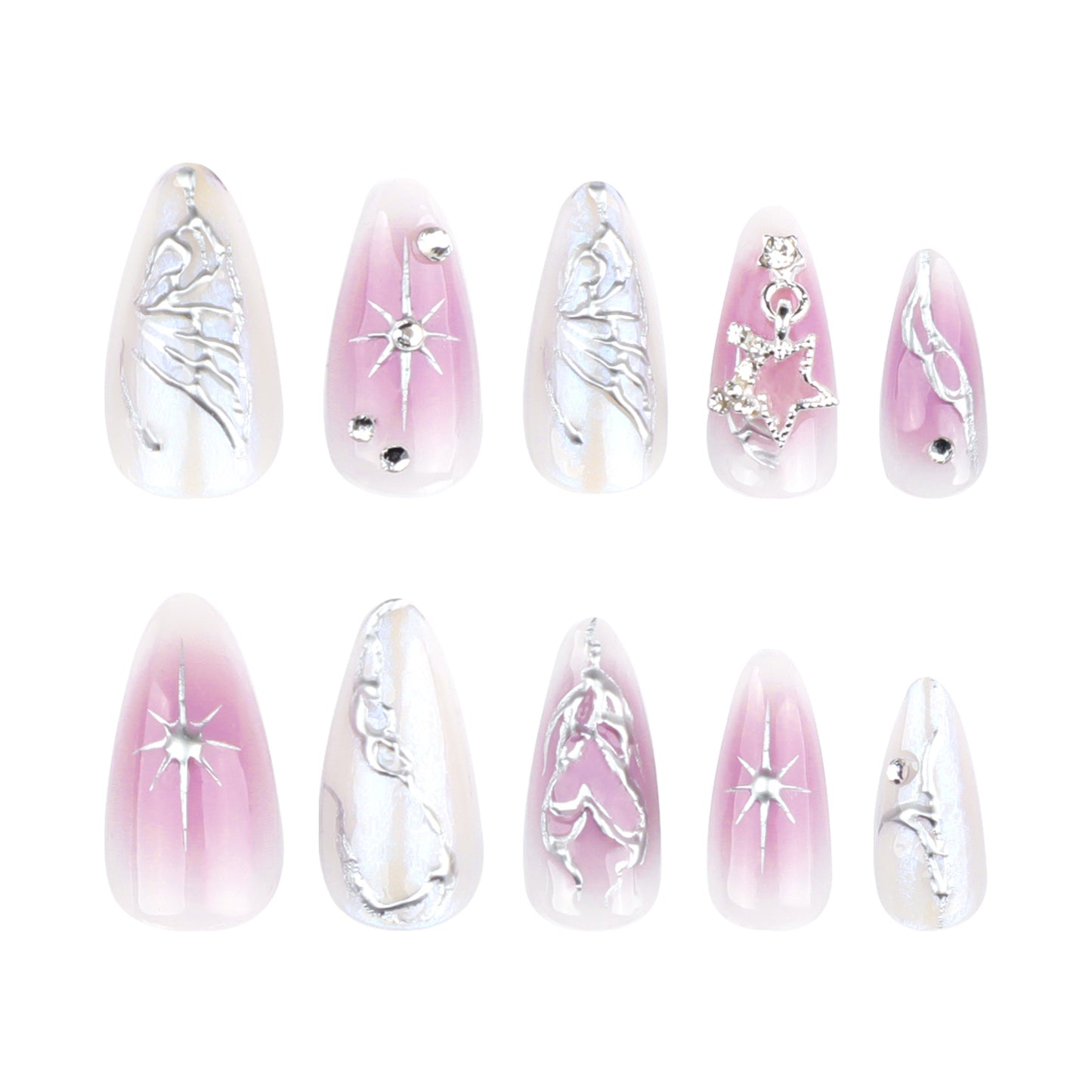 Pink Purple Ombre Press On Nails with Metallic Butterfly 3D Charms Cat Eye Glossy Finish Almond Shape Reusable Full Cover False Nails Kit Rhinestones Pearl Y2K Cute Cool Style 88