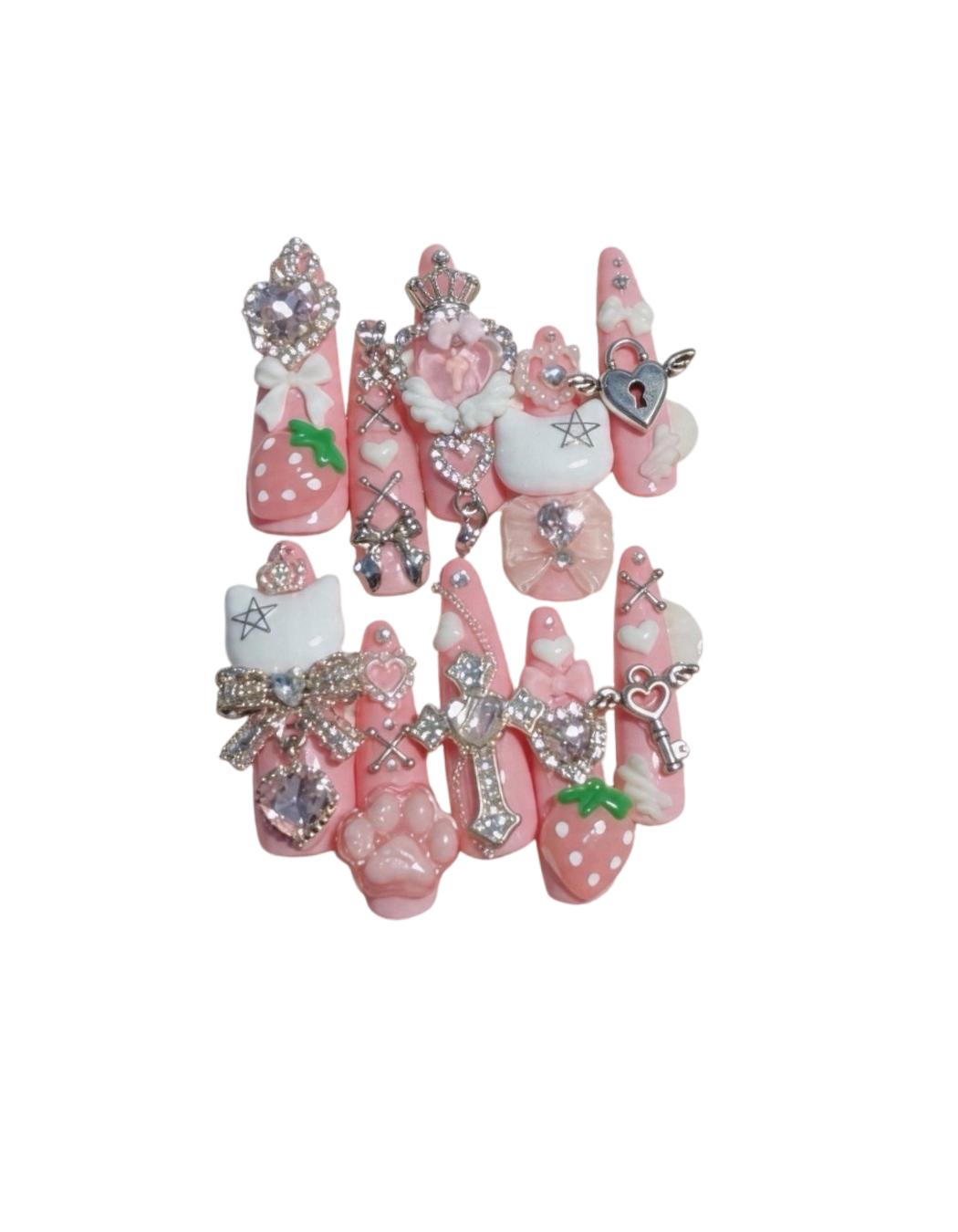 Y2K Pink Charm Press On Nails – 3D Strawberry Cat Paw Heart Lock Cross Charms Long Almond Rhinestone Handmade Reusable Nail Set 222