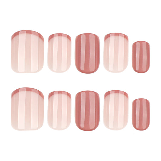 Nude Pink Press On Nails with Dusty Rose French Tips Glossy Short Squoval Shape Minimal Color Block Design Reusable Full Cover False Nails Kit Elegant Everyday Nails 109