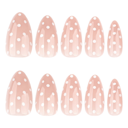Press On Nails Nude Pink Polka Dot French Tip Minimalist Cute Nails Short Oval Glossy Fake Nails Natural Clean Girl Aesthetic Nails Reusable Full Cover Nails for Women Everyday Office 82