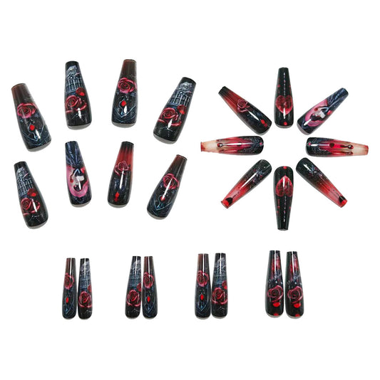 Gothic Press-On Nails Coffin Shape Black Red Rose Heart Reusable Glue On Fake Nails Y2K Dark Set 34