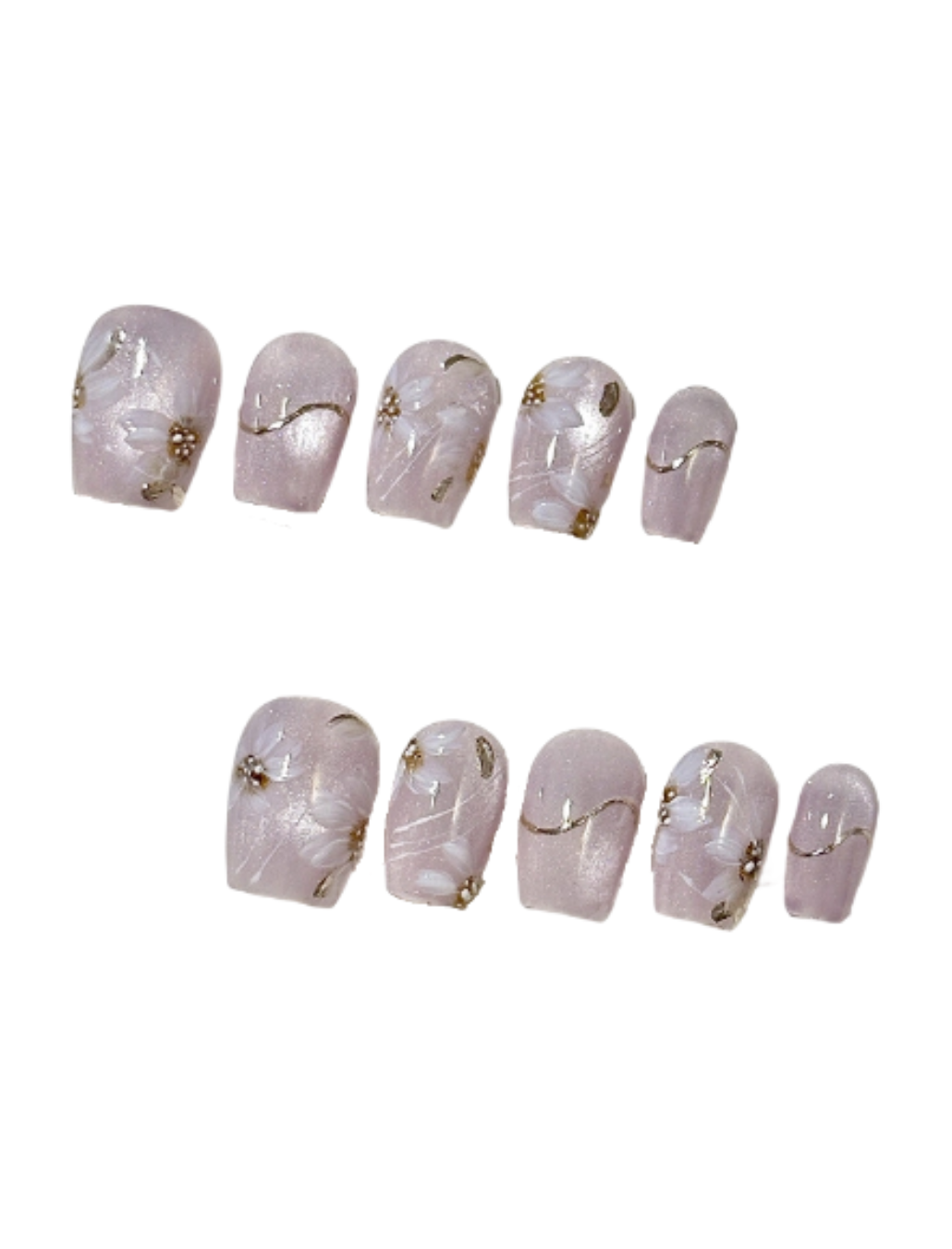 Lavender Cat Eye Press-On Nails – Floral Purple Short Squoval Nails | Gold Line Detail Elegant Reusable Nail Set 268
