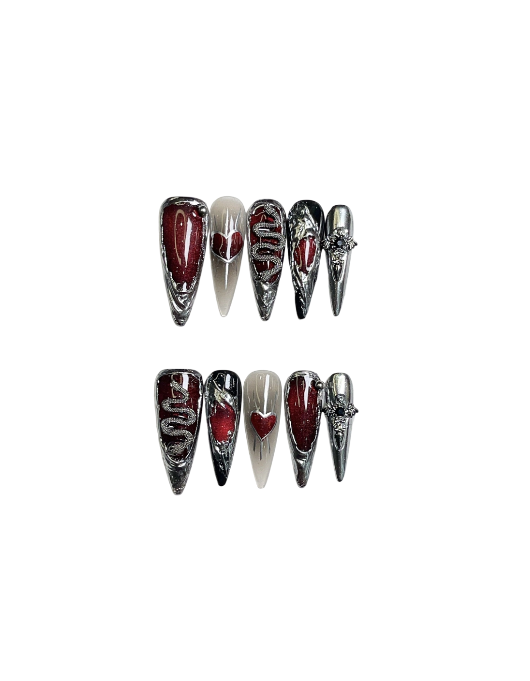 Liquid Metal Gothic Press On Nails Stiletto Shape – Red Silver 3D Snake Dripping Heart Cross Charms Reusable Vampire Nail Set 207