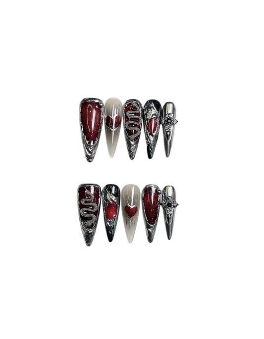 Liquid Metal Gothic Press On Nails Stiletto Shape – Red Silver 3D Snake Dripping Heart Cross Charms Reusable Vampire Nail Set 207