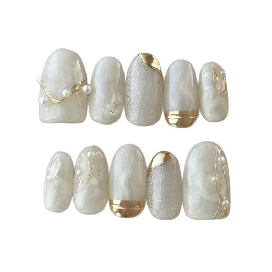 Milky White Press On Nails – Oval with Pearl Gold French Tip & Silver Accent, Reusable Full Cover Set 173