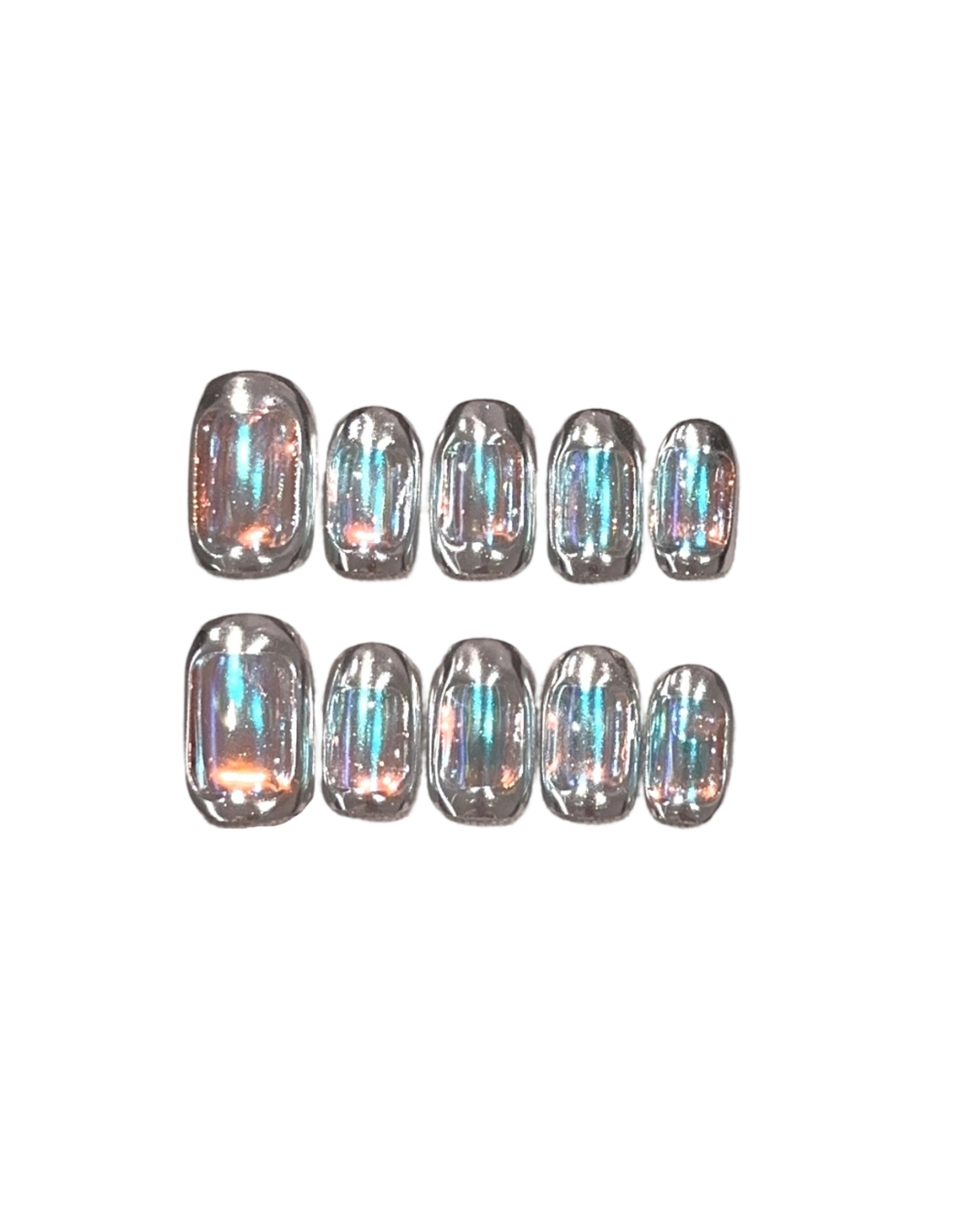 Chrome Iridescent Press On Nails – Mirror Metallic Silver Aurora Oil-Slick Effect Short Oval Minimalist Reusable Futuristic Nail Set 223
