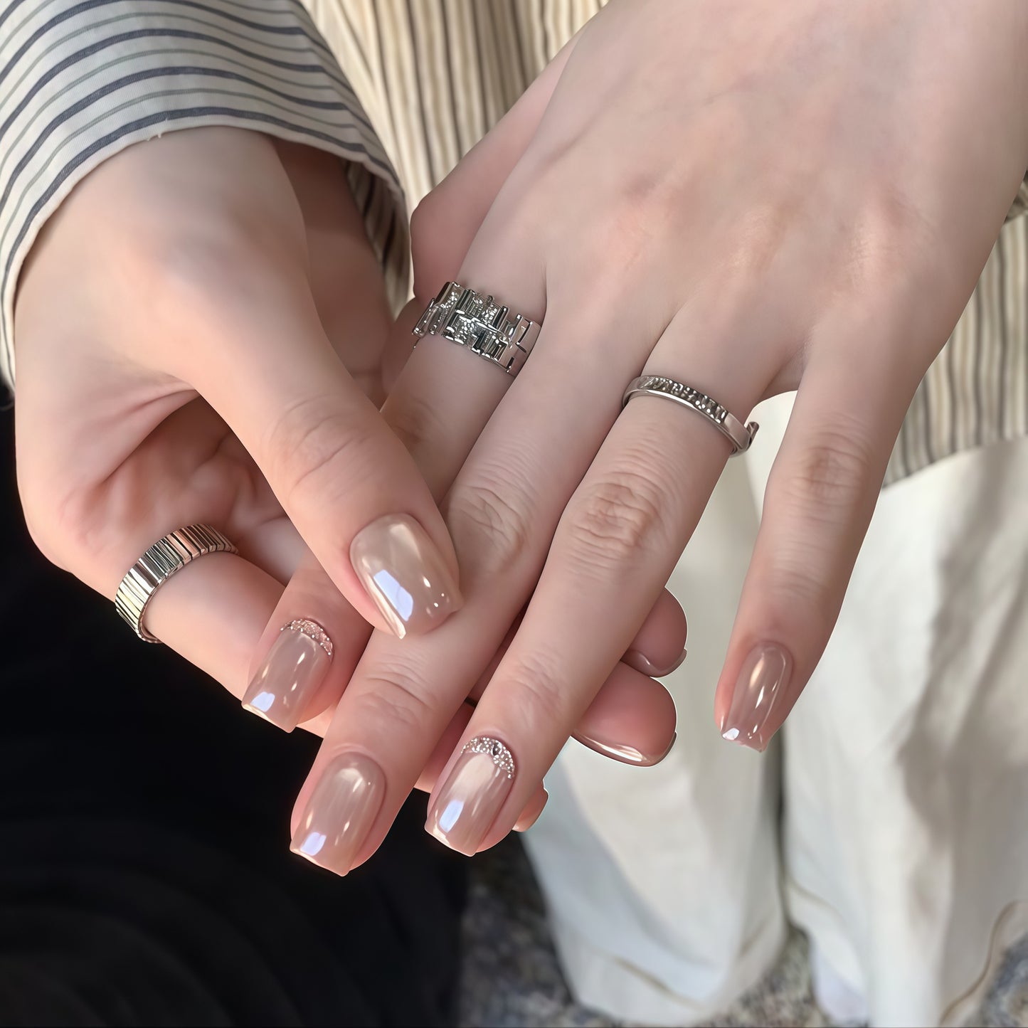 Nude Pink Aurora Press-On Nails – Diamond French Short Square Nails | Minimal Luxury Reusable Nail Set 275