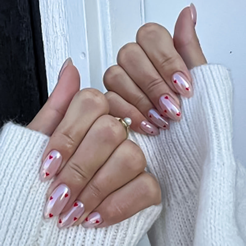 Glossy Nude Pink Press-On Nails Almond Heart Design Mirror Finish Reusable Glue On Fake Nails Cute Set 40