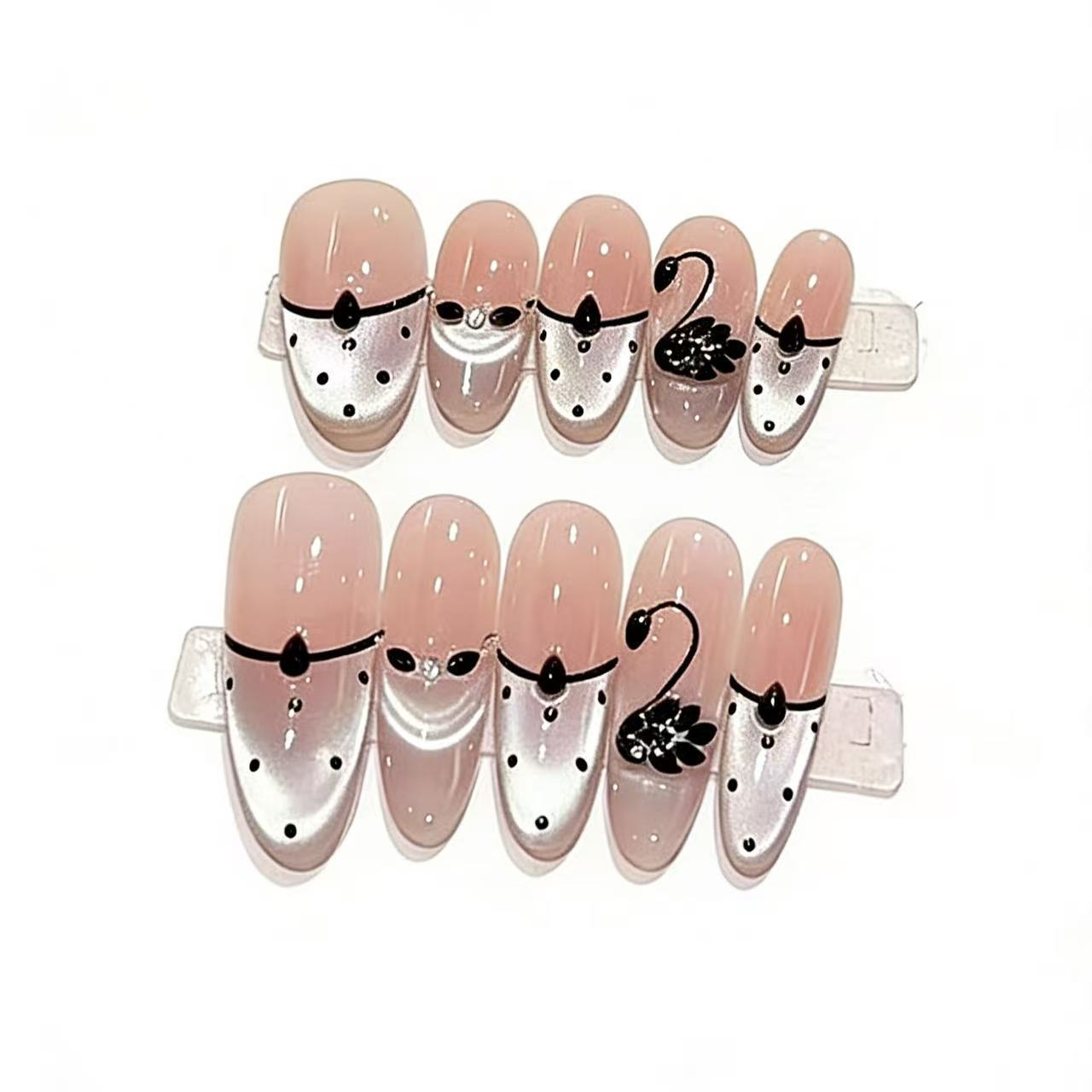Black Swan French Tip Press On Nails – Nude Long Almond Luxury Rhinestone Acrylic Nails 142