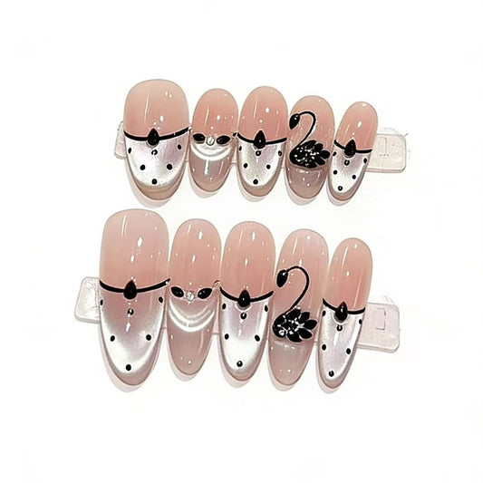 Black Swan French Tip Press On Nails – Nude Long Almond Luxury Rhinestone Acrylic Nails 142