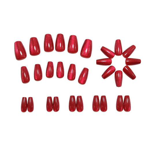 Burgundy Cat Eye Press On Nails Long Coffin Glossy Dark Red Fake Nails Glitter Acrylic Reusable Glue On Nail Set 53
