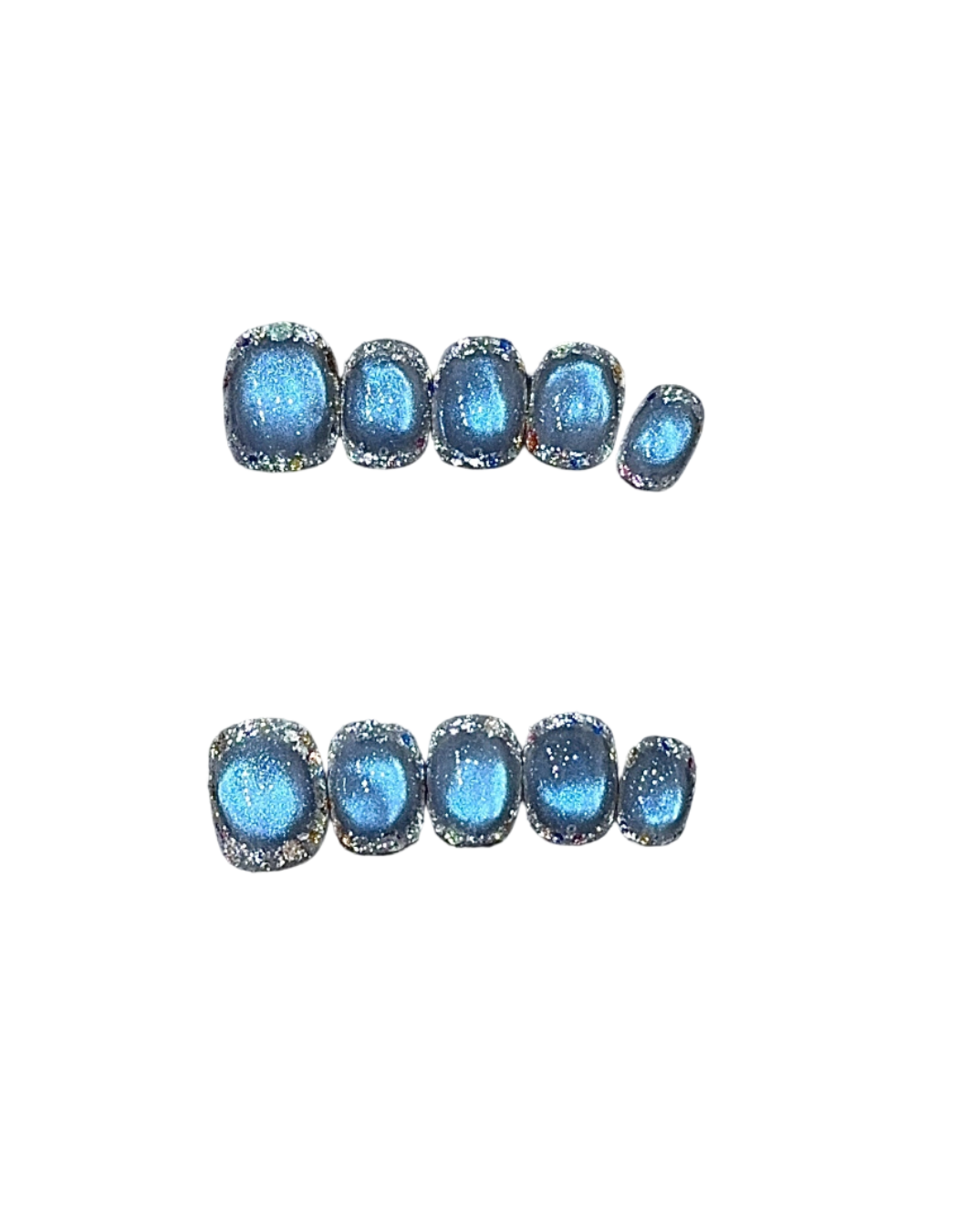 Deep Blue Cat Eye Press-On Nails – Short Squoval Nails with Aurora Glitter Edge Detail | Ocean Glass Reusable Nail Set 299