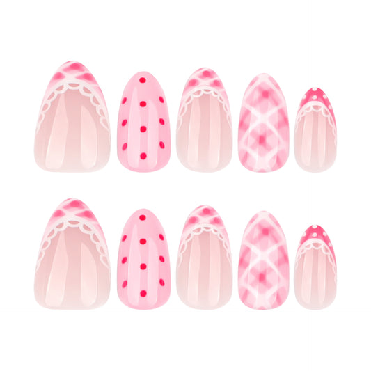 Nude Pink Press On Nails with Lace French Tip Polka Dot Argyle Design Glossy Almond Shape Cute Sweet Style Full Cover False Nails Kit Reusable 127