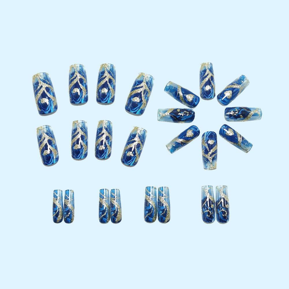 Blue Marble Press On Nails Gold Foil Glitter Tapered Square Glossy Ocean Wave Fake Nails Reusable Glue On Nail Set 57