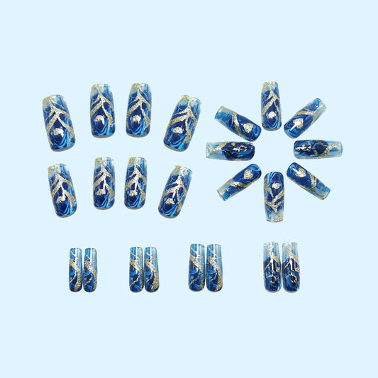 Blue Marble Press On Nails Gold Foil Glitter Tapered Square Glossy Ocean Wave Fake Nails Reusable Glue On Nail Set 57