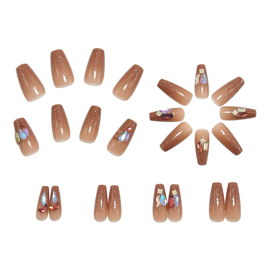 Nude Brown Cat Eye Press On Nails Coffin Shape Glossy Glitter Rhinestone Fake Nails Reusable Glue On Acrylic Nail Set 56
