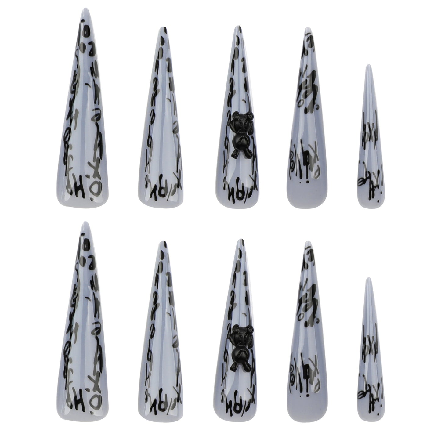 Press On Nails Y2K Graffiti Letter Black Bear Stiletto Long Fake Nails Edgy Street Style Gray Aesthetic Nails 3D Design Reusable Full Cover Stick On Nails for Women Party Festival 80