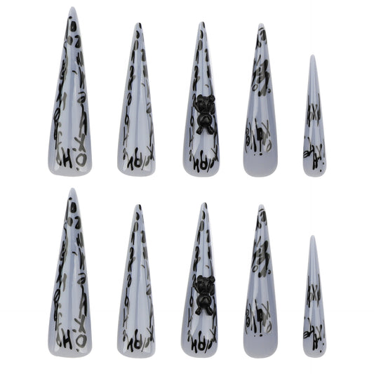 Press On Nails Y2K Graffiti Letter Black Bear Stiletto Long Fake Nails Edgy Street Style Gray Aesthetic Nails 3D Design Reusable Full Cover Stick On Nails for Women Party Festival 80