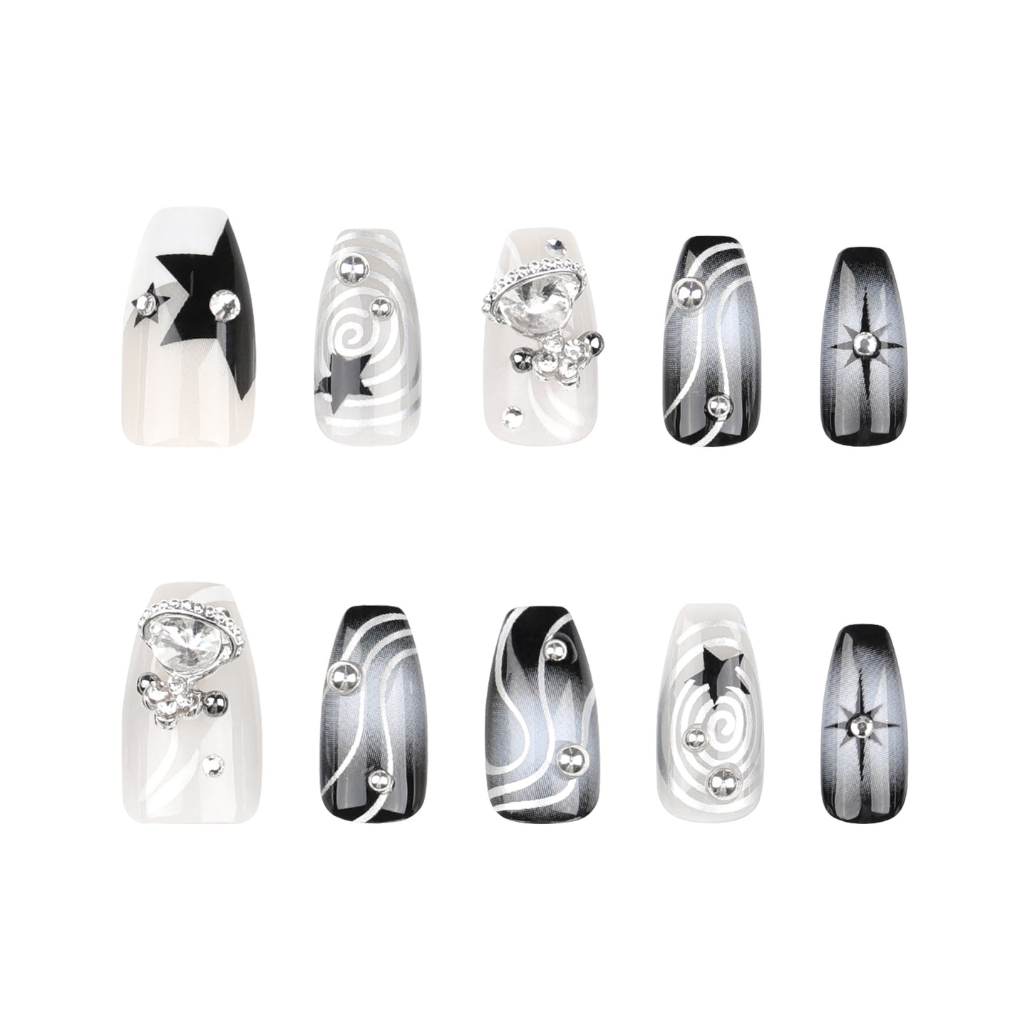Black White Cat Eye Press On Nails Y2K Cyber Cool Style with Rhinestones Studs Star Charms Metallic Swirl Coffin Shape Glossy Reusable Full Cover False Nails Kit for Women 87