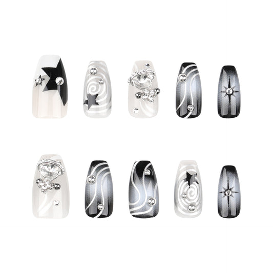 Black White Cat Eye Press On Nails Y2K Cyber Cool Style with Rhinestones Studs Star Charms Metallic Swirl Coffin Shape Glossy Reusable Full Cover False Nails Kit for Women 87