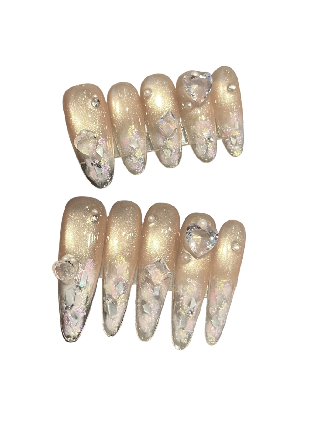 Champagne Glitter Press-On Nails – Oval, Squoval & Stiletto Shape Options with Pearl & Heart Crystal Embellishments | Luxury Reusable Nail Set 289