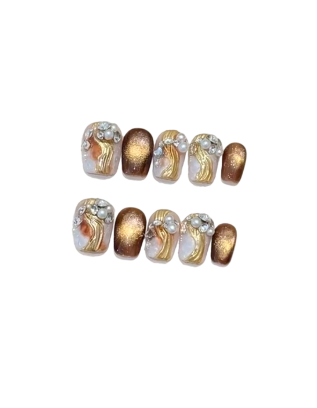 Amber Champagne Press-On Nails – Medium Squoval Nails with Marble Cat Eye, Rhinestone & Pearl Details | Old Money Reusable Nail Set 315