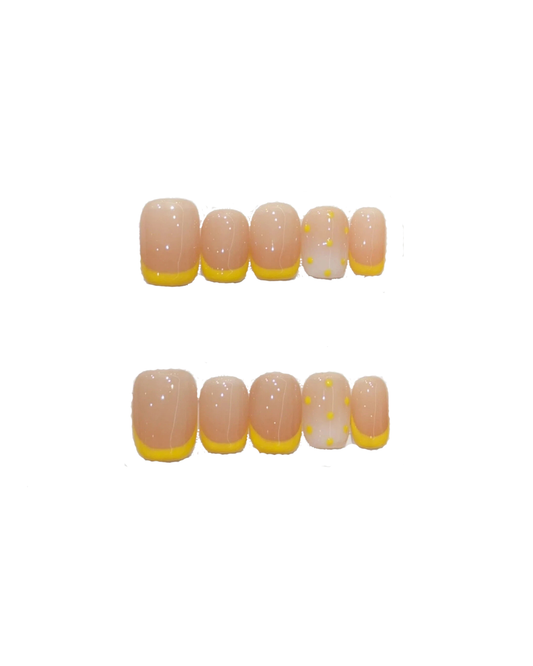 Summer Lemon Yellow Press On Nails – Short Squoval French Polka Dot Reusable Full Cover Set 186