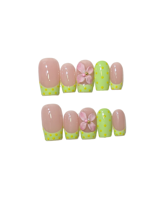 Green French Tip Press-On Nails – Pink Floral Short Squoval Nails | Vintage Polka Dot Floral Spring Nail Art Reusable Nail Set 244