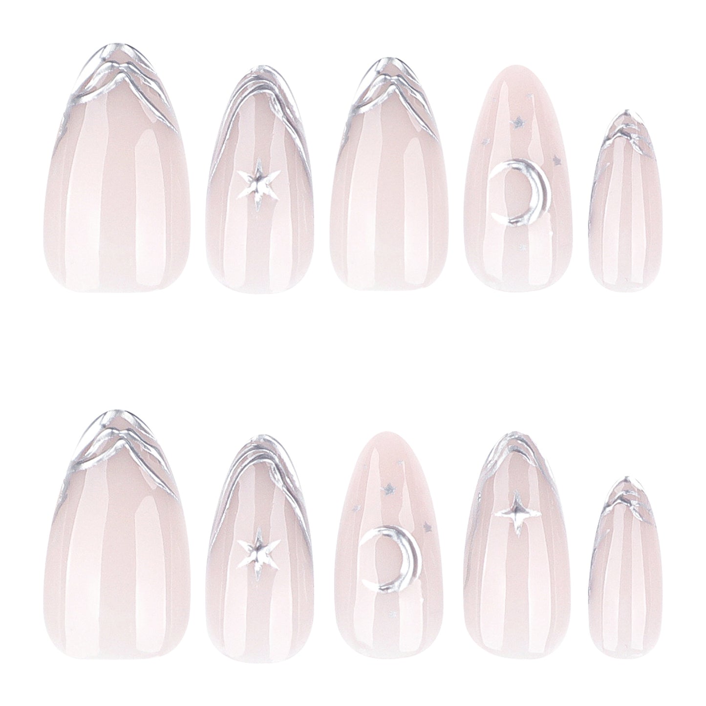 Nude Pink Press On Nails with Silver French Tip Star Moon Design Glossy Almond Shape Elegant Minimalist Full Cover False Nails Kit Reusable 131