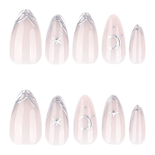 Nude Pink Press On Nails with Silver French Tip Star Moon Design Glossy Almond Shape Elegant Minimalist Full Cover False Nails Kit Reusable 131