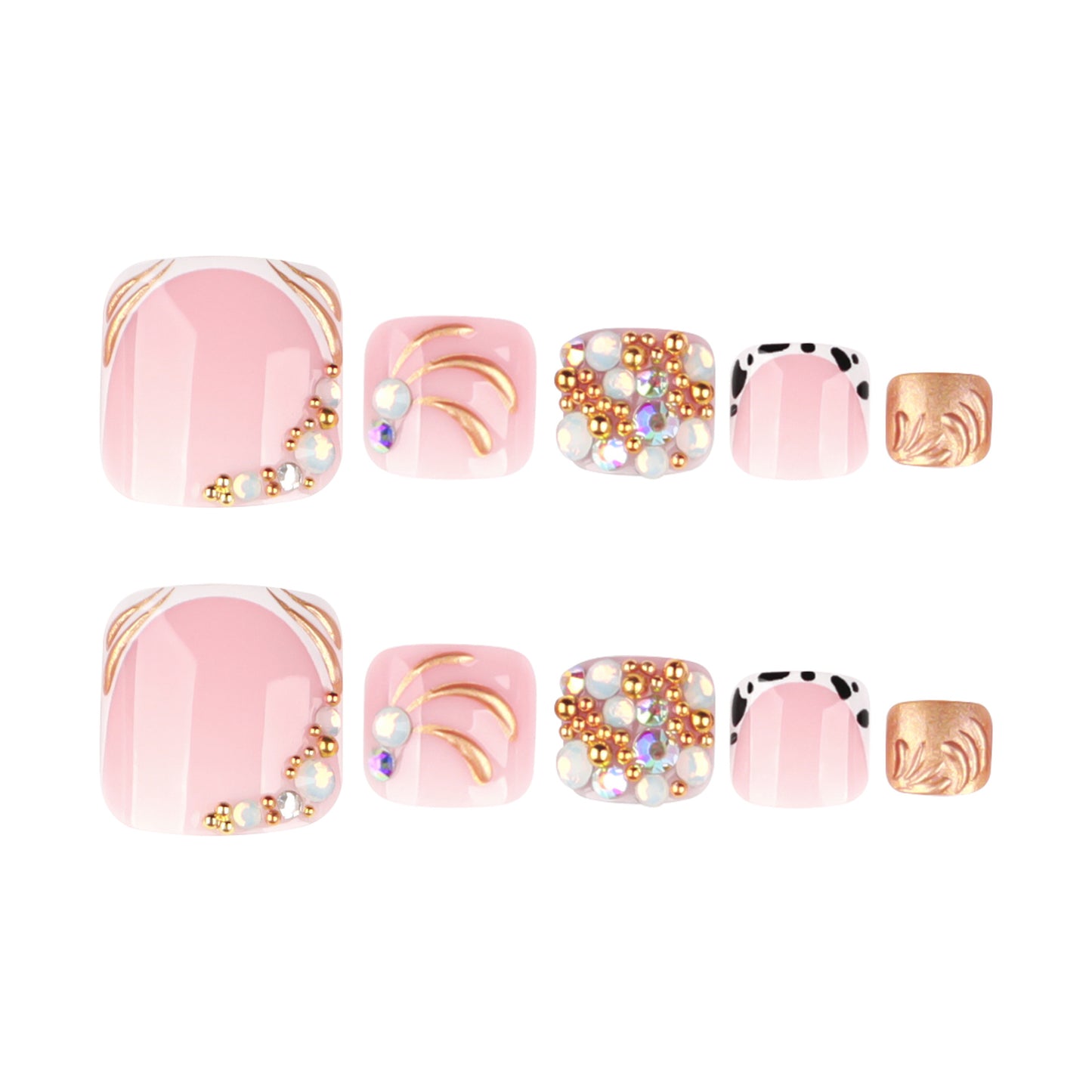 Nude Pink Press On Toenails with Rhinestones Gold Line Cow Print Mixed Design Glossy Short Squoval Shape Glam Full Cover False Toe Nails Kit Reusable 117