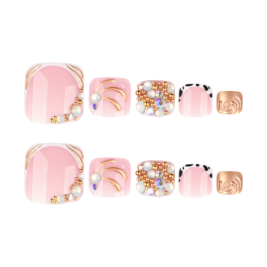 Nude Pink Press On Toenails with Rhinestones Gold Line Cow Print Mixed Design Glossy Short Squoval Shape Glam Full Cover False Toe Nails Kit Reusable 117