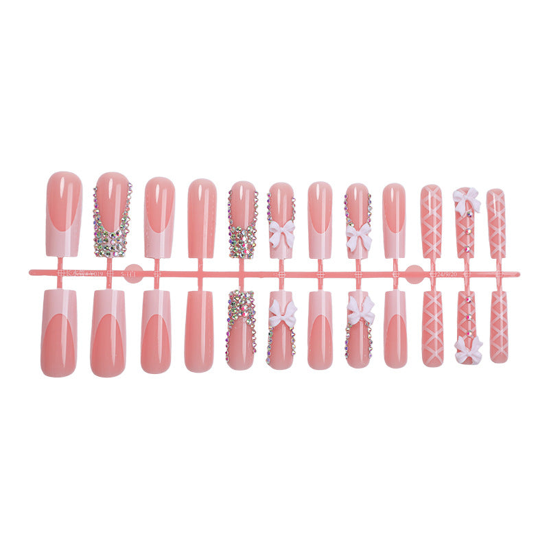 Press On Nails French Tip Pink Nude Bow Rhinestone Ballet Design Glossy Fake Nails Reusable Cute Nail Set 68