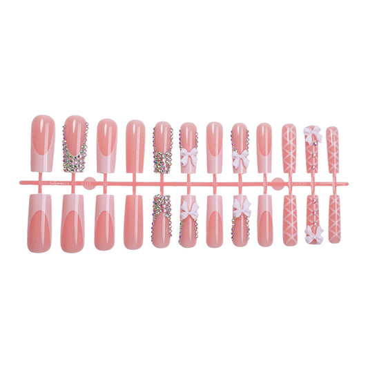 Press On Nails French Tip Pink Nude Bow Rhinestone Ballet Design Glossy Fake Nails Reusable Cute Nail Set 68