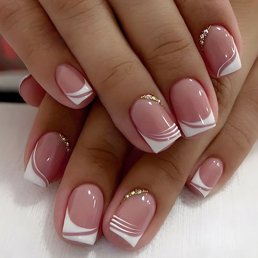 Nude Pink French Tip Press On Nails Short Square Round Wave Rhinestone Glossy 20